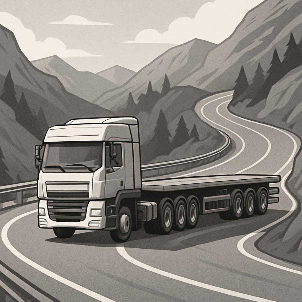 [Illustración de un camión de transporte de carga con cinco ruedas en una carretera serpenteante entre montañas. ] (Pictur...